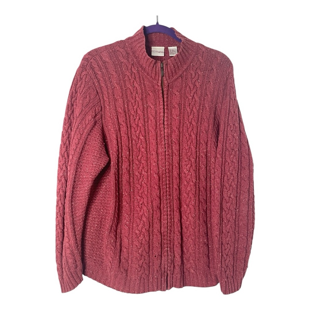 CC Hughes Women's Red/Orange zip Front Cable Knit Silk Blend Sweater Sz L